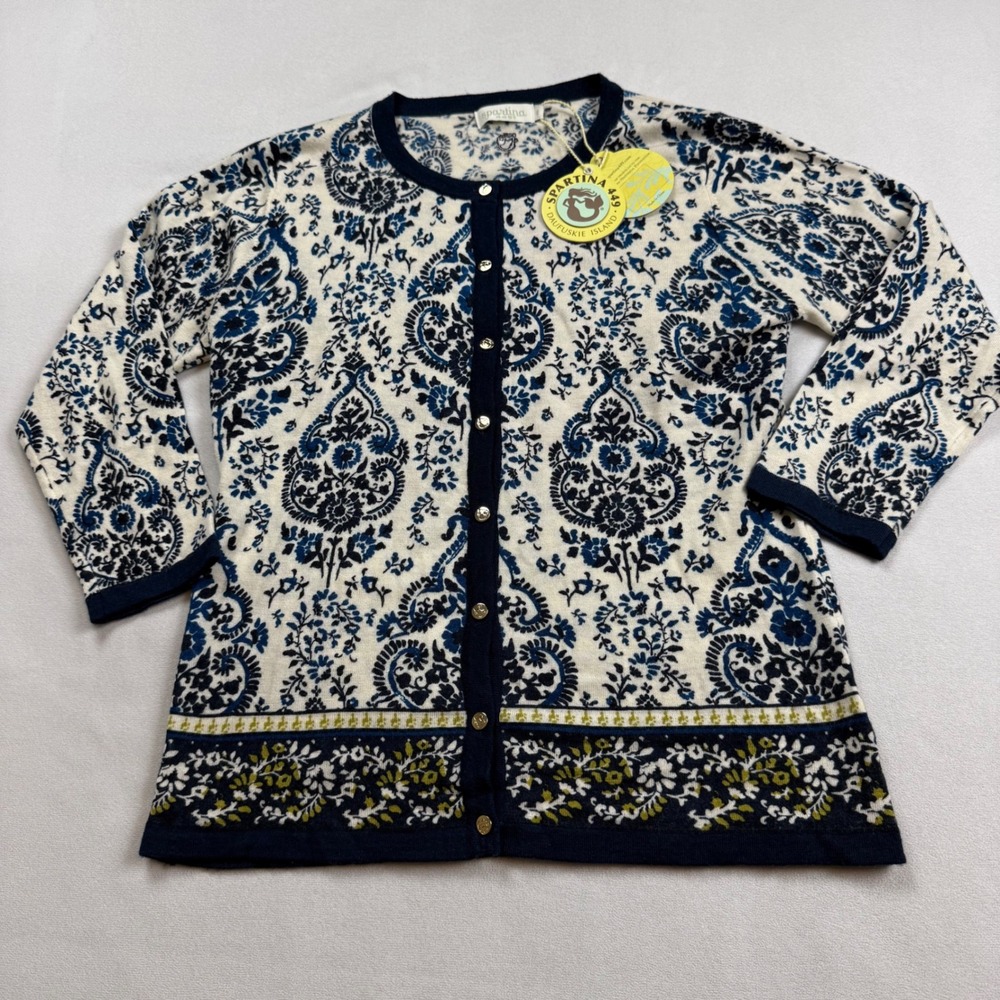 Spartina 449 Womens Sm Navy Blue Paisley 100% Merino‎ Wool Cardigan Sweater NWT